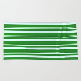 [ Thumbnail: Light Cyan and Forest Green Colored Lined Pattern Beach Towel ]