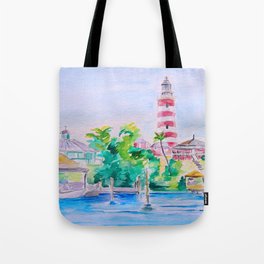 Elbow Reef Lighthouse Hope Town, Abaco, Bahamas Watercolor painting Tote Bag