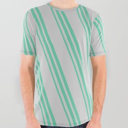 [ Thumbnail: Light Gray and Aquamarine Colored Striped Pattern All Over Graphic Tee ]