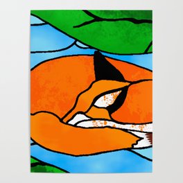 Stained Glass Fox Friend Asleep in Nature Poster