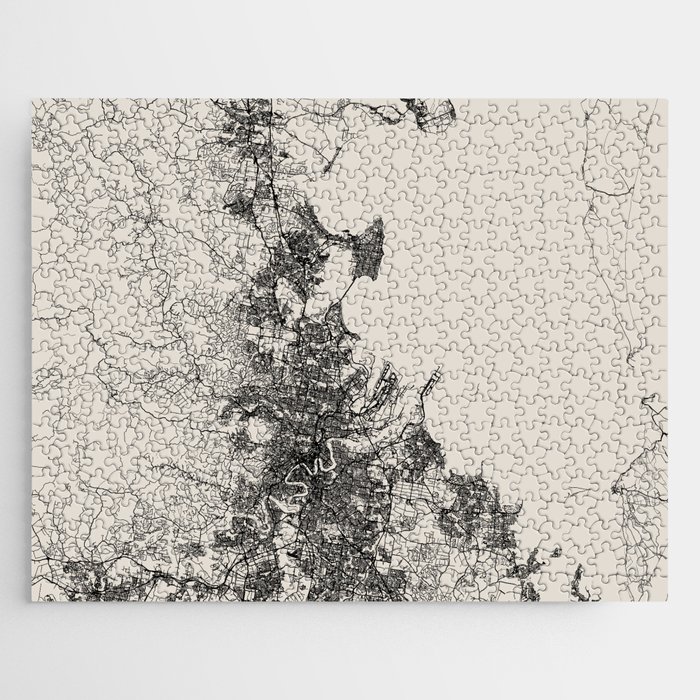Brisbane, Australia - Authentic Map Illustration - Black & White Jigsaw Puzzle