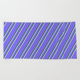 [ Thumbnail: Medium Slate Blue, Dark Green & Mint Cream Colored Lines/Stripes Pattern Beach Towel ]
