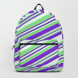 [ Thumbnail: Purple, Mint Cream & Light Green Colored Striped Pattern Backpack ]