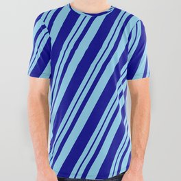 [ Thumbnail: Sky Blue and Dark Blue Colored Stripes Pattern All Over Graphic Tee ]