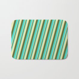 [ Thumbnail: Pale Goldenrod, Dark Olive Green & Turquoise Colored Lines Pattern Bath Mat ]