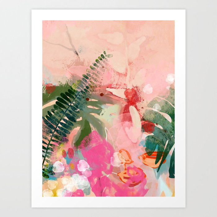 pink jungle leaves art abstract Art Print