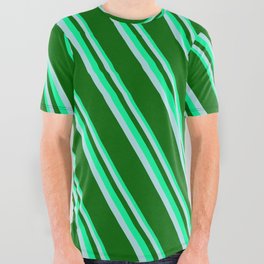 [ Thumbnail: Green, Powder Blue & Dark Green Colored Lines Pattern All Over Graphic Tee ]