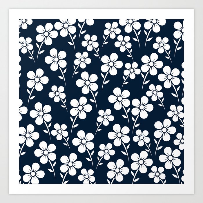 Vintage White Flowers With Navy Background Art Collection Art Print