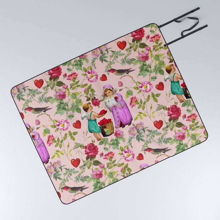 Cupid dealing the hearts in the pink rose garden  Picnic Blanket