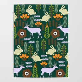A garden with bunnies and deer Poster