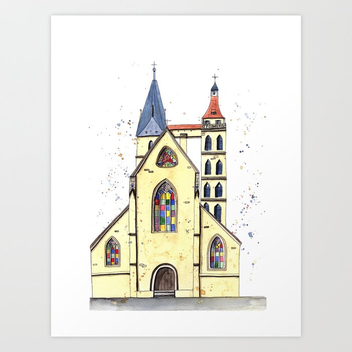 Gothic Church In Germany Whimsical Watercolor Painting Art Print