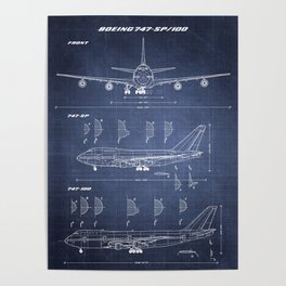 Boeing 747-SP and 747-100 Blueprint in High Resolution (dark blue) Poster