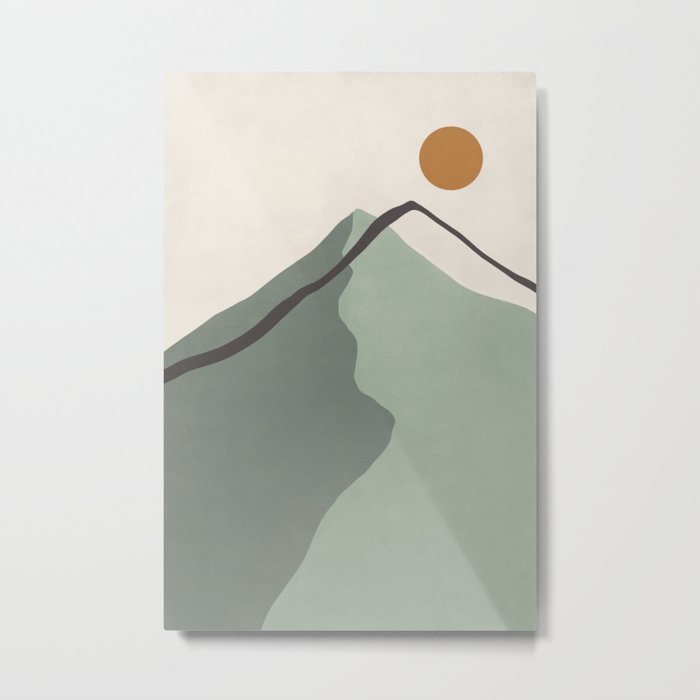Minimalist Mountain Landscape in Sage Green Tones Metal Print