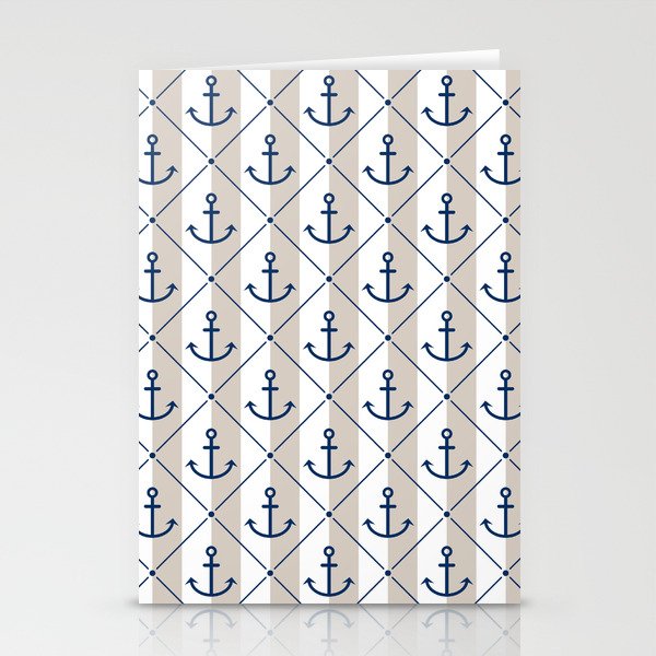 Navy Blue Anchor Pattern on White and Sand Beige Stationery Cards