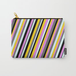 [ Thumbnail: Eye-catching Violet, Dim Grey, Light Cyan, Black & Yellow Colored Lined Pattern Carry-All Pouch ]