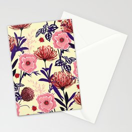 Sketched flower design in bright colors seamless pattern vintage in retro mood in the garden fashion, fabric and all designs on beige background color Stationery Card