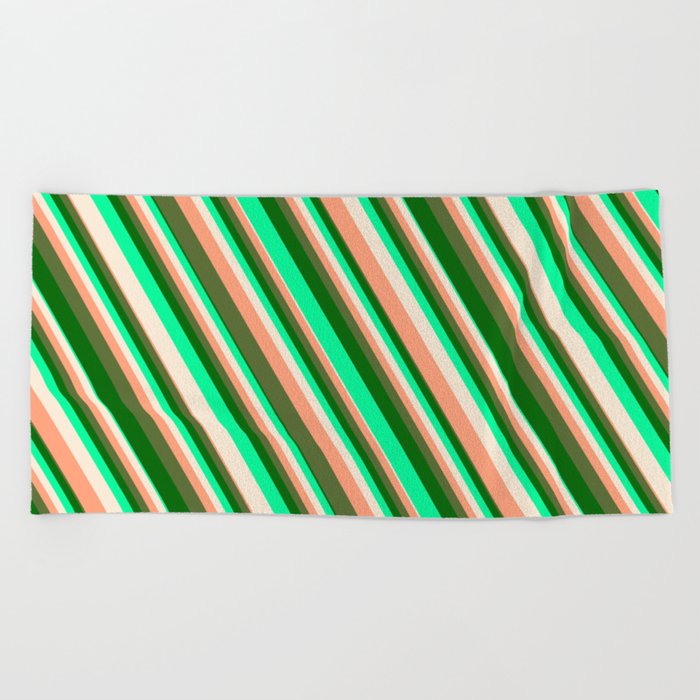 Vibrant Green, Beige, Light Salmon, Dark Olive Green & Dark Green Colored Striped/Lined Pattern Beach Towel