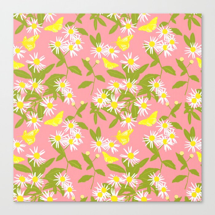 Little Daisies And Butterflies On Peach Canvas Print