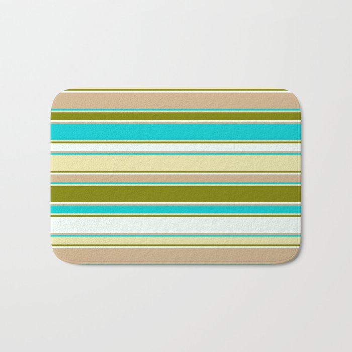 Colorful Dark Turquoise, Pale Goldenrod, Green, Mint Cream & Tan Colored Lined/Striped Pattern Bath Mat