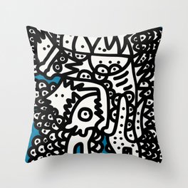 Black and White  Graffiti Cool Monsters on Blue background Throw Pillow