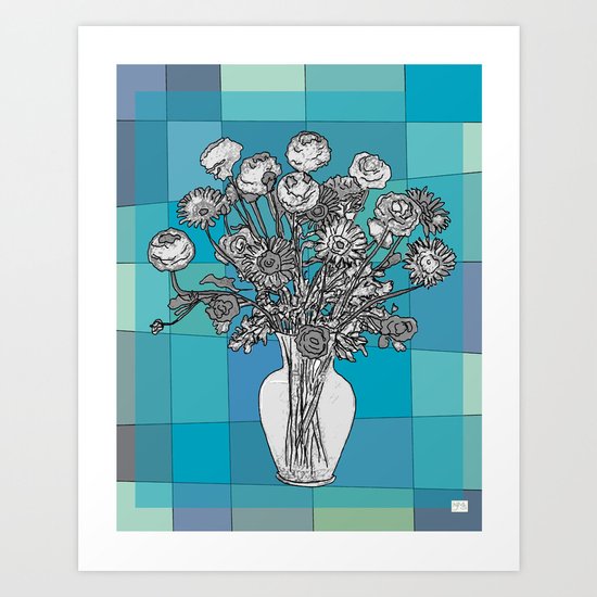 Spring Flower Vase Black & White on Mid Century Blue Palette Background - Blue Art Print