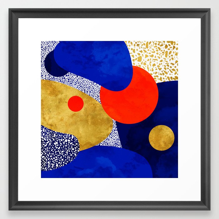 Terrazzo galaxy blue night yellow gold orange Framed Art Print