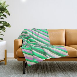 [ Thumbnail: Beige, Plum, Green, and Sea Green Colored Striped Pattern Throw Blanket ]
