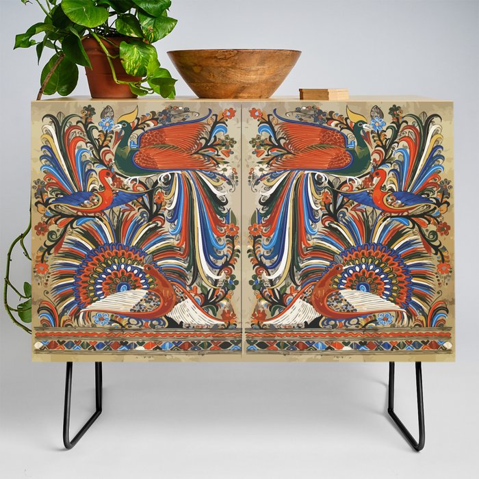 Amate birds bark painting mexican folkart Credenza