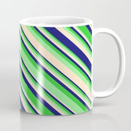 [ Thumbnail: Lime Green, Light Green, Bisque, and Midnight Blue Colored Lined Pattern Coffee Mug ]