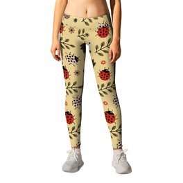 Ladybug and Floral Seamless Pattern on Tan Background Leggings