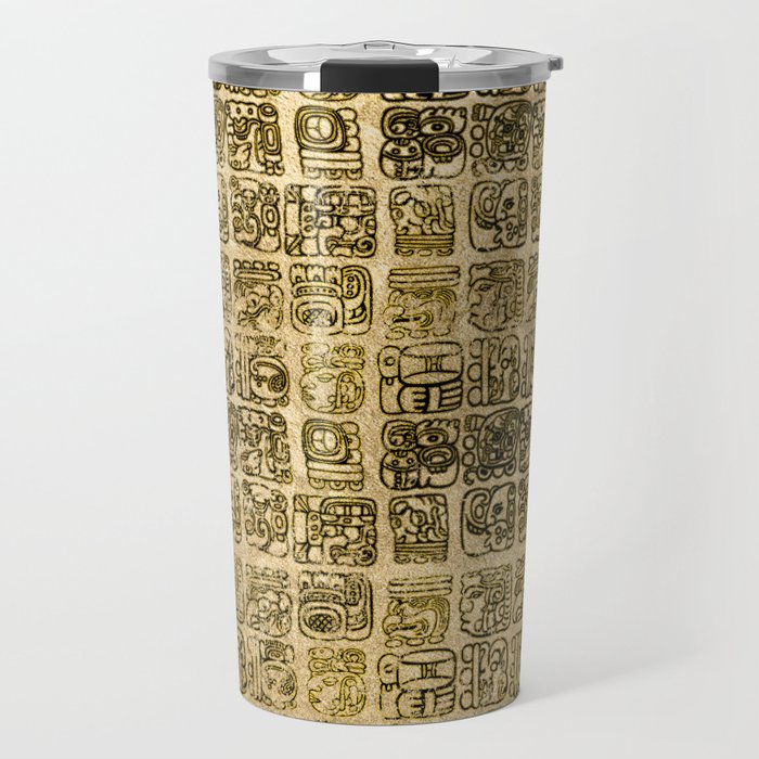 Mayan and aztec glyphs gold on vintage texture Travel Mug