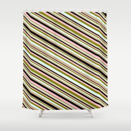 [ Thumbnail: Green, Light Cyan, Tan, Black, and Pink Colored Stripes Pattern Shower Curtain ]