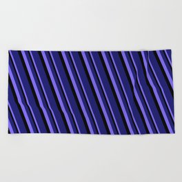 [ Thumbnail: Medium Slate Blue, Black, and Midnight Blue Colored Stripes Pattern Beach Towel ]