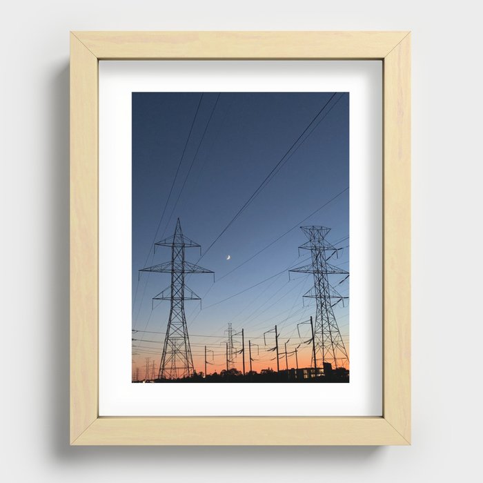 crescent moon and power lines Recessed Framed Print