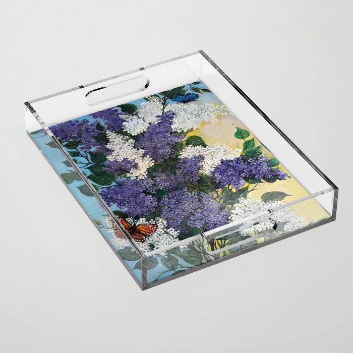 Lilac blooming tree with butterflies decorative oil painting Acrylic Tray