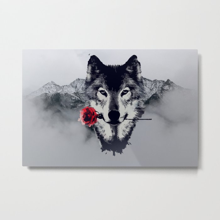The Wolf With a Rose & Mountains Metal Print