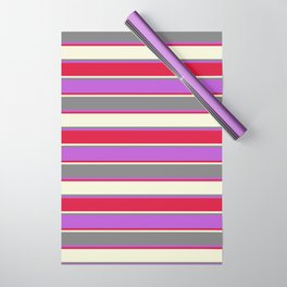 [ Thumbnail: Crimson, Beige, Grey, and Orchid Colored Lines Pattern Wrapping Paper ]