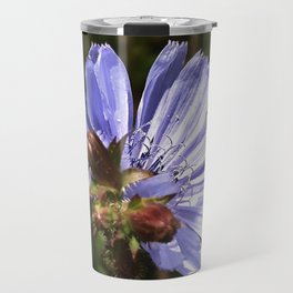 Fresh pastel purple-blue chicory blossom summer field flower with tiny bug Travel Mug