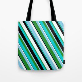 [ Thumbnail: Eye-catching Mint Cream, Sky Blue, Forest Green, Dark Turquoise & Black Colored Pattern of Stripes Tote Bag ]