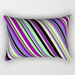 [ Thumbnail: Light Green, Purple, Slate Blue, Pale Goldenrod, and Black Colored Lines/Stripes Pattern Rectangular Pillow ]