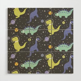 Cute Dinosaurs in Space Wood Wall Art