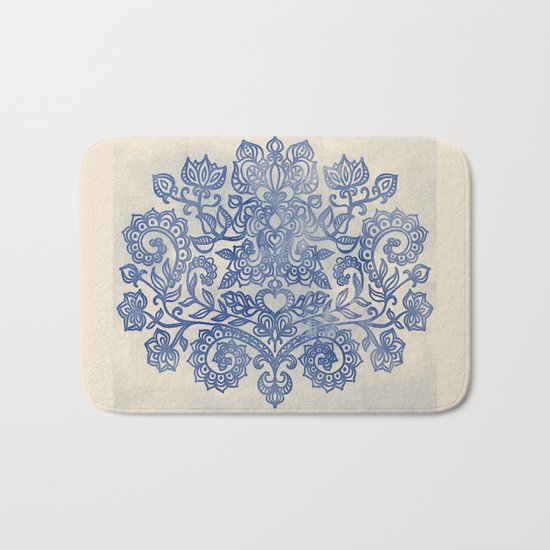 Indigo Blue Denim Ink Doodle Bath Mat