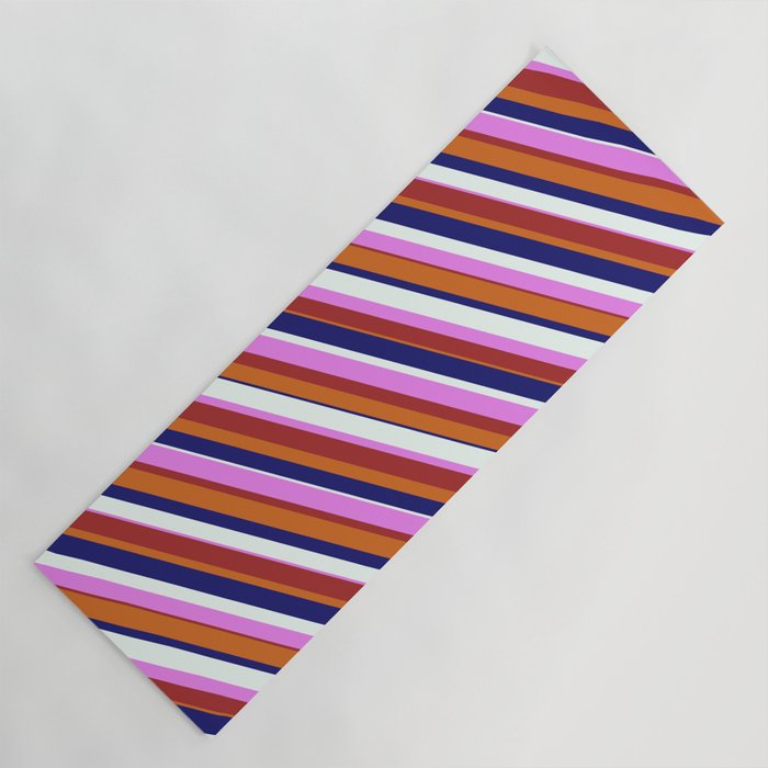 Eyecatching Chocolate, Midnight Blue, Mint Cream, Violet & Brown Colored Lines Pattern Yoga Mat