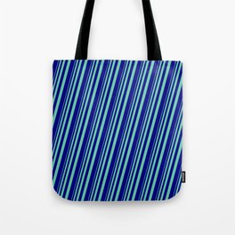 [ Thumbnail: Aquamarine and Blue Colored Stripes/Lines Pattern Tote Bag ]