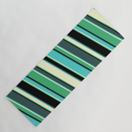 [ Thumbnail: Colorful Dark Slate Gray, Turquoise, Light Yellow, Sea Green, and Black Colored Lined Pattern Yoga Mat ]