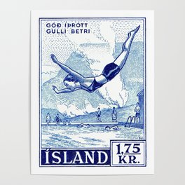  1955 ICELAND Water Sports Postage Stamp Poster