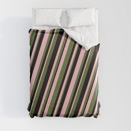 [ Thumbnail: Pink, Dark Olive Green & Black Colored Stripes Pattern Duvet Cover ]