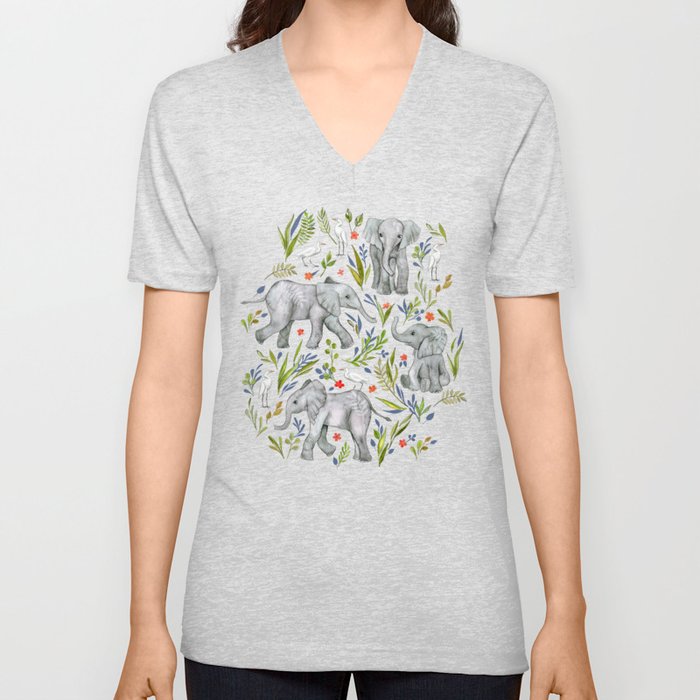 Baby Elephants and Egrets in Watercolor - navy blue V Neck T Shirt