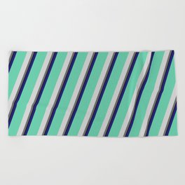 [ Thumbnail: Vibrant Midnight Blue, Aquamarine, Light Gray, Dim Gray, and Black Colored Pattern of Stripes Beach Towel ]