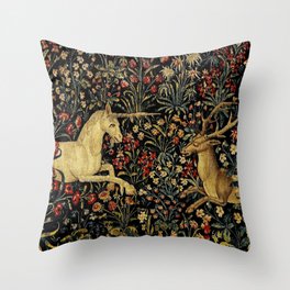 Medieval Unicorn Midnight Floral Garden Throw Pillow